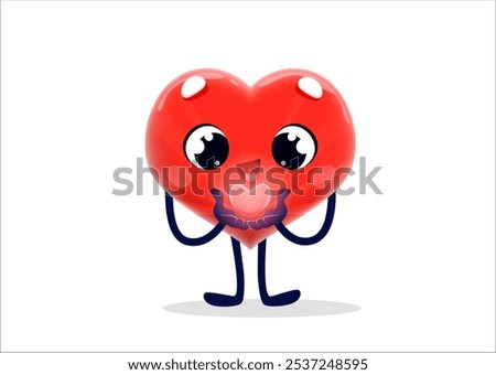 Cartoon cheerful heart character with love in hands. Isolated cute vector red heart-shaped personage beaming with joy at Valentines day, expressing passion, affectionate energy and romantic greeting