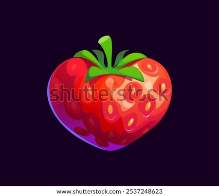 Cartoon heart strawberry for game asset berry fruit, vector icon. Glossy ripe fresh strawberry in heart shape for arcade game asset as bonus or trophy award, food and health or energy reward