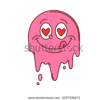 Cartoon groovy pink melting face character with heart-shaped eyes and sticking tongue, symbol of love and Valentines Day. Emoji exudes joy, affection and romance for festive occasions and greetings