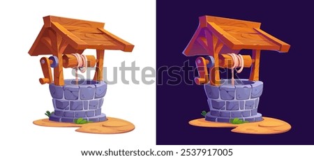 Cartoon stone water well with bucket, wood pulley, rope and winch, vector artesian water source. Village or farm old round dug well with rustic rock masonry and wooden roof, cartoon game assets