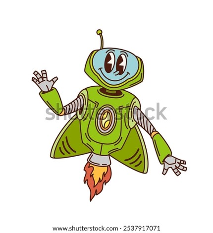 Cartoon retro groovy flying robot character or space alien droid, vector funky personage. Retro robot rocket or galaxy space android and spaceman bot with funny face and smile for kids retro cyborg