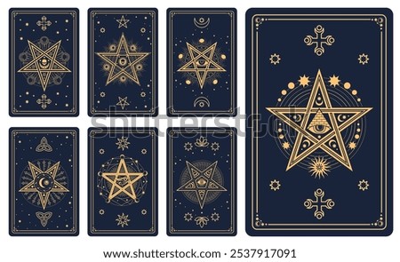 Magic occult tarot cards with vector line Moon, Sun and stars celestial pattern. Mystic esoteric tarot cards with eyes of Horus and providence, alchemy hexagrams and pentagrams on black background