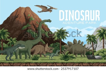 8 bit pixel art prehistoric dinosaurs adventure park. Vector nostalgic retro video gaming scene featuring dino species in nature landscape with mountains, trees and cloudy sky. Arcade game background