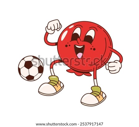 Retro groovy cranberry berry character playing soccer with a ball. Isolated cartoon vector energetic, sporty mooseberry personage wears sneakers, showcasing its love for sports and physical activity