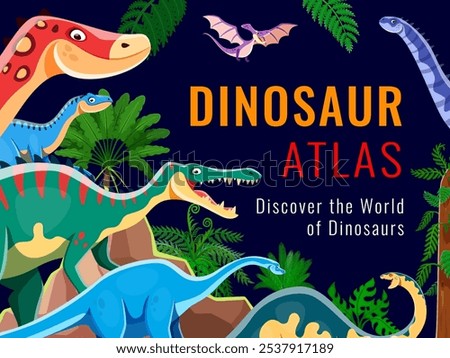 Dino atlas book cover with prehistoric dinosaur characters and Jurassic lizards, vector background. Kids paleontology atlas or dinosaurs encyclopedia book cover with funny cartoon prehistoric lizards