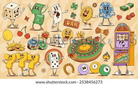 Cartoon groovy casino and gambling characters of gamble sport games and bets. Retro psychedelic poker card, dice, chips and roulette vector personages. Vintage groovy slot machine, gold coins, money