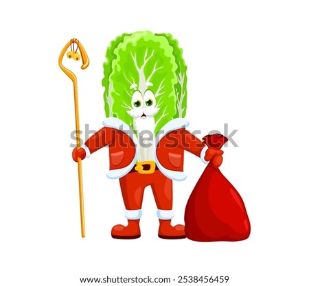 Cartoon Christmas holiday vegetable character, lettuce salad as Santa with gifts bag, vector emoji. Funny chicory lettuce or cabbage vegetable as Santa with gits and magic cane for winter holiday