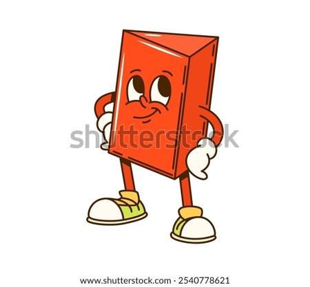 Groovy triangular prism math geometric figure character. Isolated cartoon vector playful, red volumetric triangle personage standing in confident pose and showing funky vibe and mischievous expression