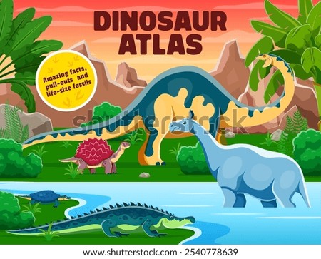 Atlas book cover with prehistoric dinosaurs and reptiles in jungle forest. Vector carbonemys, melanorosaurus, sarcosuchus, henodus and indricotherium dinosaur animals and prehistoric nature landscape