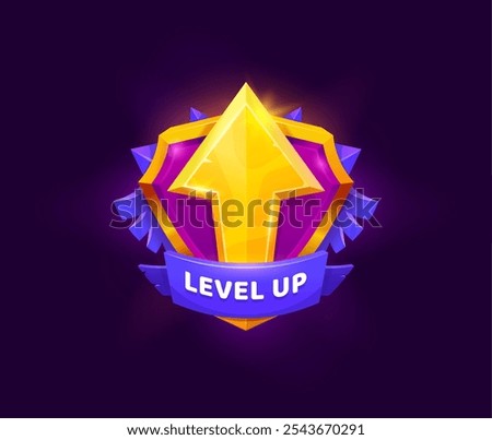 Level up award or prize win badge game asset. Game task complete interface vector asset, arcade success prize or level up celebration UI sign. Gambling achievement icon with golden shield and arrow