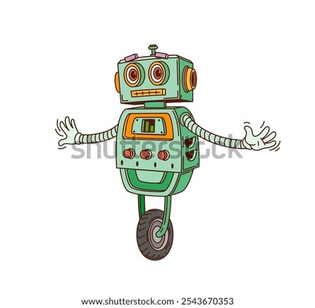 Cartoon retro groovy robot on wheel with robotic hands, vector comic character. Groovy funky retro old robot with funny face with mechanic buttons and lamps, metal cyber bot or android toy personage