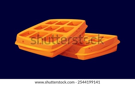 Cartoon Belgian wafers confectionery and sweet pastry. Vector two golden brown waffles are stacked on top of each other. Appetizing breakfast waffles with deep, square indentations and crispy texture