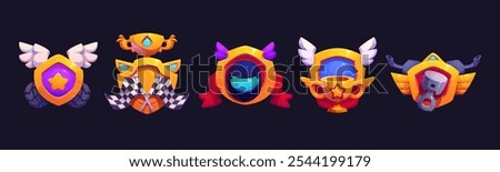 Motor and car racing rank award badges with wings, stars, checkered flags, and motor parts inside of golden shields. Cartoon vector gui trophy symbolizing achievements and progression in racing game