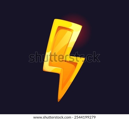 Cartoon golden lightning award. Isolated vector bold and shiny lightning bolt or flash with sharp edges symbolizing power, energy or speed, high achievement or excellence. Prize or asset in video game