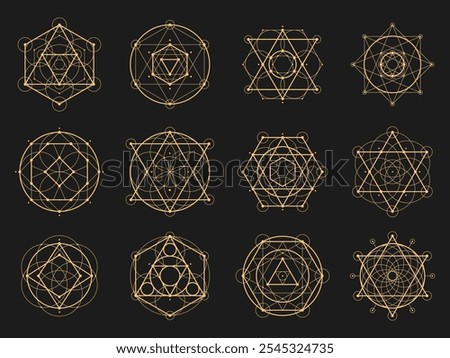 Sacred esoteric geometry. Vector Metatron cube, flower of life, sri yantra, merkaba and tree of life. Hexagram, vesica pisci, seed of life or pentagram. Heptagram, octagram spiritual symmetrical signs