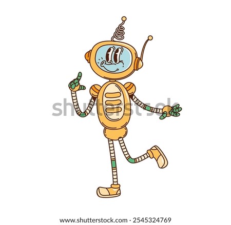 Cartoon retro groovy robot character with funny face and antenna vector comic personage. Groovy funky retro old robot with silly face whistling melody song, freaky metal cyber bot or android toy robot