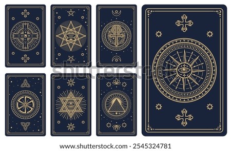 Magic tarot cards in vector line frames with mystic pattern of Moon, Sun, stars. Esoteric, astrology and spiritual tarot cards with celestial, occult and alchemy symbols, hexagram, eye of providence