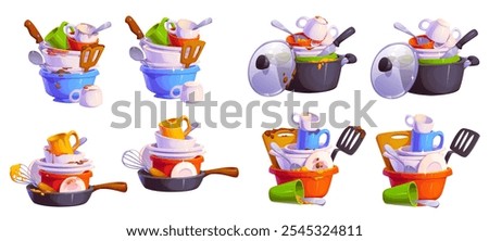 Dirty and clean restaurant dishes. Cartoon vector stacks of dirty dishes, pots, pans, bowls, cups and utensils piled high, highlights the chaos and clutter of unwashed kitchenware and household items