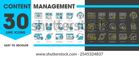 Cms symbols, Content management system icons. Website engine, content upload, edit and delete, support, authorized user and administrator. Database, security or time saving, page editing and analysis