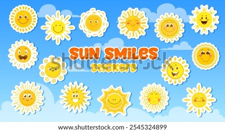 Cartoon funny sun characters stickers pack set on sunny blue sky vector background with clouds. Cute sun characters with happy faces, smiles and hot wavy beams stickers. Sunny summer weather emoji