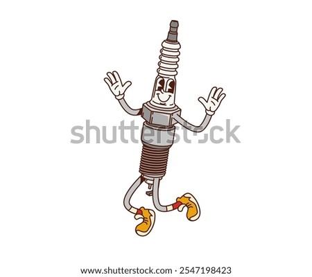 Cartoon retro groovy car spark plug character. Automobile ignition system element happy groovy mascot or vehicle spark plug funny isolated vector personage. Car spare part comical cartoon character