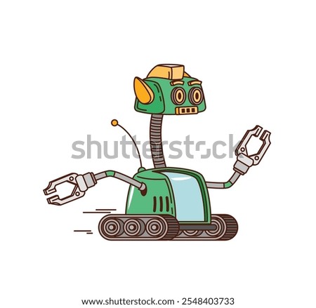 Cartoon retro groovy robot character on wheels or robotic bot, vector cyber android. Kids funny retro robot or groovy cartoon cyborg with robotic face and gripper hands on caterpillar track wheels