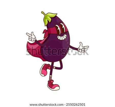 Groovy eggplant superhero vegetable cartoon character. Isolated vector funny veggie comics book vigilante donning cloak and mask. Fairytale healthy food, vitamin retro personage, fresh garden plant