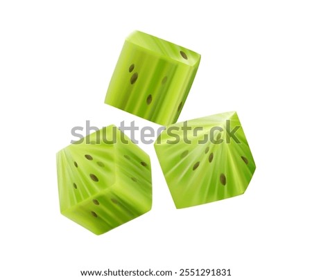 Realistic three kiwi fruit cubes captured mid air, showcasing the vibrant green flesh with black seeds. Isolated 3d vector raw and ripe kiwi fruit dices with juicy, fresh texture and sharp edges