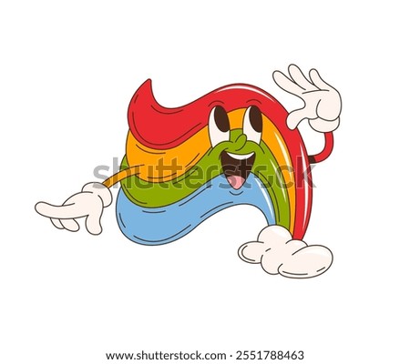 Cartoon retro groovy rainbow character. Isolated vector vibrant heavenly personage with cloud, psychedelic colors, expressive eyes and wide, beaming smile, radiating positivity and fun in the sky