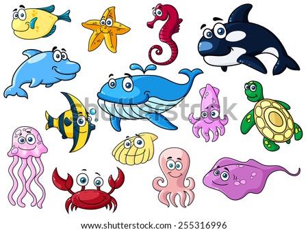 Cartoon sea animals with happy emotions isolated on white for wildlife or mascot design