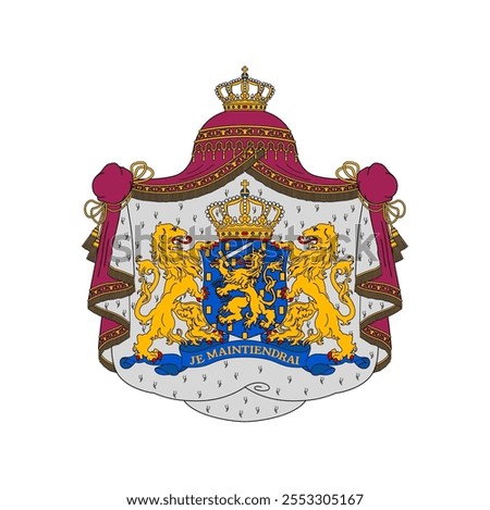 Netherlands coat of arms, heraldry shield and heraldic emblem, vector Dutch symbol. Netherlands Kingdom official coat of arms with lions, shield and crown crest, national heraldry emblem with motto