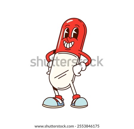 Groovy medical capsule character. Isolated cartoon vector cheerful red and white pill personage with expressive eyes and wide grin, standing in a confident pose, embodies health, medicine and wellness