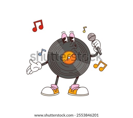 Cartoon retro groovy vinyl record character sings passionately with microphone and funky melody notes flying around, embodying soulful vibe of classic music. Isolated vector vintage musical personage