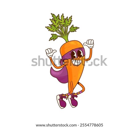 Groovy carrot vegetable superhero character flexing muscles. Isolated cartoon vector fresh veggie, healthy food retro personage with super power. Funny vitamin plant in purple cloak, mask and sneakers