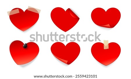 Valentine day love heart stickers. Vector red holiday heart shaped paper sticky notes with curled edges, glued with tape and pinned with a pin evoke romantic feelings of love, affection and emotions