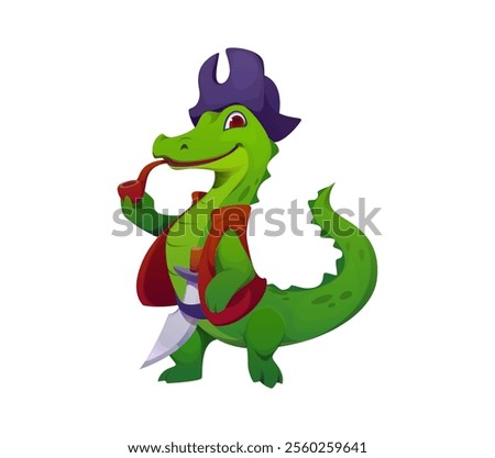 Cartoon funny crocodile pirate animal character, croc corsair smoking the pipe. Isolated vector daring reptile rover personage with a saber, sailing the high seas in search of treasure and adventure