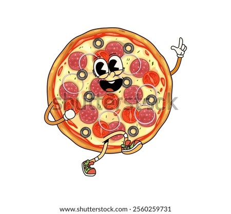 Groovy fast food pizza character. Isolated cartoon vector retro personage celebrates party and dancing. Funny, hippie, whole pepperoni fastfood pizza with wide, cheesy grin, exudes a cool, funky vibes