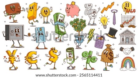 Retro cartoon groovy finance characters of money, golden coins, wallet and credit card. Vector psychedelic dollar, euro and yen currency symbols, vintage money bag, safe and hippy smile personage