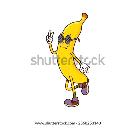 Cartoon funny groovy banana fruit character with smiling face, sunglasses and sneakers. Playful tropical fruit personage flashing peace sign, promotes healthy natural nutrition with nostalgic vibe