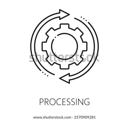 Company data analytics, processing line icon. Business research database analysis outline sign, company performance presentation or finance report infographics outline vector icon with gear cog wheel