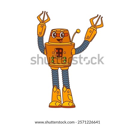 Cartoon funny groovy robot and droid character with futuristic appearance and claw arms. Isolated vector playful ai android personage exudes friendly and nostalgic scifi retro futuristic vibe of 80s