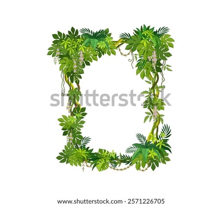 Jungle tropical forest liana frame with green leaves and ivy plant, vector border. Rainforest liana branches and leaves square frame of ivy vine or tropical creeping jungle tree and monstera leaves