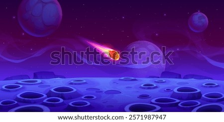 Space alien planet surface with falling asteroid, galaxy background. Cartoon vector celestial scene with a comet plummeting toward a mysterious planet with craters in vast Universe filled with stars