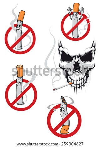 No smoking sign with cartoon cigarette and danger skull for health concept design