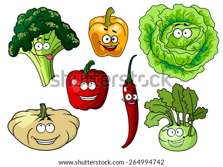 Fresh healthy cartoon vegetables characters with beaming smiles including broccoli, bell pepper, lettuce, chili pepper, kohl and pumpkin or squash, vector illustration isolated on white