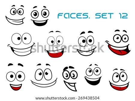 Emotions faces in cartoon style showing happy, joy, fun, glee, laugh isolated on white background suited for avatar, caricature or comics design