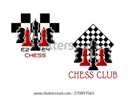 Chess club sport emblems or symbols with chessmen ant turned chess board