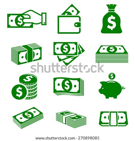 Green paper money and coins icons isolated on white background for business and commerce design