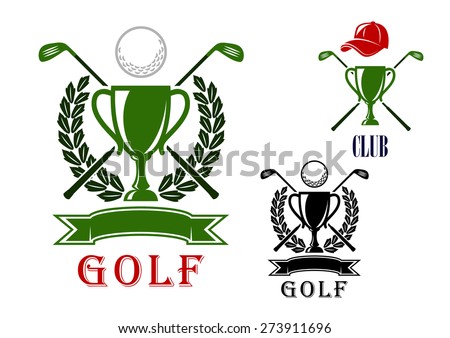 Golf club or tournament emblem and badges design templates with trophy cups, crossed clubs, balls, laurel wreath and blank ribbon banner and the second variant with peaked cap on the top