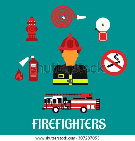 Firefighter profession concept with fireman in red helmet and fully protective suit, surrounded by fire truck, hose, extinguisher, hydrant, fire alarm and no smoking sign